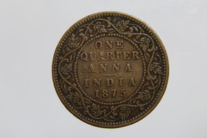 obverse: BRITISH INDIA VICTORIA ONE QUARTER ANNA 1875 CU BB