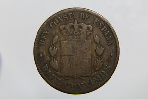 obverse: SPAGNA ALFONSO XII 10 CENTIMOS 1879 CU MB
