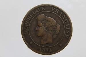 reverse: RANCIA 5 CENTIMES 1874 A CU MB