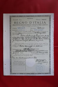 obverse: REGNO D ITALIA PRESTITO REDIMIBILE DEL 5% 1937 COME DA FOTO