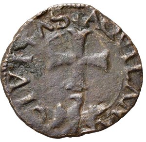 reverse: L AQUILA. Carlo VIII di Francia (1495). Cavallo AE (1,61 g). Scudo coronato di Francia. R/croce patente ancorata. qBB