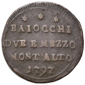 obverse: MONTALTO. Stato Pontificio. Pio VI (1775-1799). Sampietrino da 2 e 1/2 baiocchi 1797. AE (11,88 g). MIR 2959. Raro. MB+/qBB