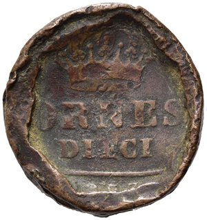 obverse: NAPOLI. Ferdinando II di Borbone (1830-1859). 10 Tornesi 1857 AE (28,42 g).Tondello martellato, spessore 6,74 mm. MB