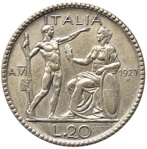 reverse: Vittorio Emanuele III (1900-1943). Roma. 20 lire Littore 1927 anno VI Ag (15 g - 35.6 mm). Gig. 36. BB+