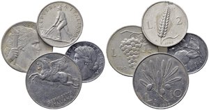 obverse: REPUBBLICA ITALIANA (1946-2001) serie di quattro valori: 10 lire (1949)-5 lire (1950)-2 lire (1948)-1 lira (1948). Al.