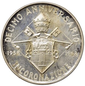 reverse: VATICANO. Giovanni XXIII (1958-1963) Medaglia prova 1968, Decimo anniversario incoronazione (g. 17,27; mm. 33). Ag.    RARO   FDC