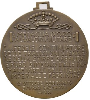 reverse: SAVOIA. Medaglia Amedeo di Savoia Duca d Aosta. Medaglia d oro al valor militare. AE (13,03 g - 32,3 mm). 1942 anno XX. SPL