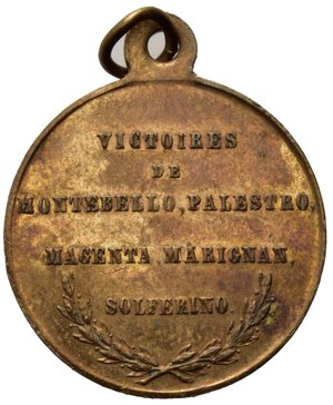 reverse: MEDAGLIE REGGIMENTALI. Medaglia pace tra Francia e Austria 1859; vittorie di Montebello, Palestro, Magenta, Marignan, Solferino. AE (4,67 g). SPL+