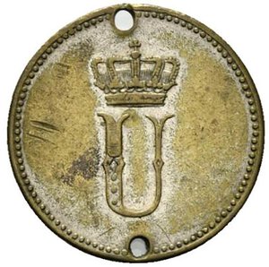 reverse: Umberto I Re d’Italia (1878-1900). Gettone 1882 (mm. 20). Testa volta a sn. R/ Lettera U coronata. AE arg RARA forata - qSPL