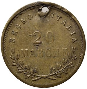 reverse: Umberto I Re d’Italia (1878-1900). Gettone 1892 (mm. 22). Testa volta a ds. R/ 20/ MARCHE. forato. BB