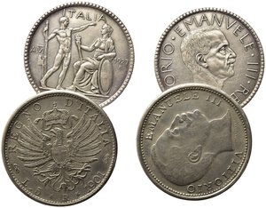 obverse: SAVOIA. Lotto di due repliche del 5 lire 1901 e del littore 1927/VI