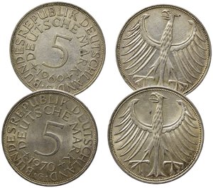 obverse: GERMANIA.  (1871 - 1922) Lotto di due monete. 5 marchi 1969 G (Karlsruhe) e 5 marchi 1970 G (Karlsruhe). Ag. SPL