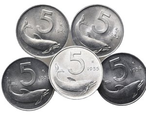 obverse: REPUBBLICA ITALIANA. Lotto di 5 monete da 5 lire Delfino (1951-1952-1953-1954-1955). FDC