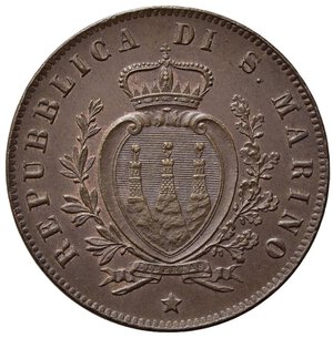 obverse: SAN MARINO. Vecchia monetazione (1864-1938) 5 centesimi 1869 (g. 5,08). KM 1; Pag. 378; Gig. 38. Cu. SPL