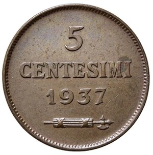 reverse: SAN MARINO. Vecchia monetazione (1864-1938) 5 centesimi 1937. Gig. 41; Pag. 381. Cu. SPL