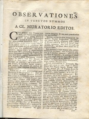obverse: AA.VV. - Observationes in Venetos nummos, Mantissa ad nummos venetos. Milano, 1750. pp. 271-287, tavv. 1. ril. \ pelle, buono stato. raro.