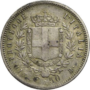 reverse: REGNO D ITALIA - VITTORIO EMANUELE II, Re eletto, 1859-1861, 50 CENTESIMI 1859