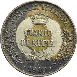 reverse: REGNO D ITALIA - Somalia, VITTORIO EMANUELE III, 1909-1925, 1/4 RUPIA 1910