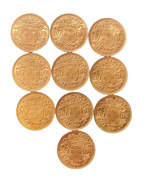 reverse: SVIZZERA - Lotto di 10 monete da 20 Franchi svizzeri