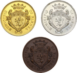 obverse: Municipio di Faenza. Lotto di tre (3) medaglie al merito fine XIX sec. in bronzo, bronzo dorato e bronzo argentato
