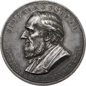 obverse: Sir Isaac Pitman (1813-1897), inventore del sistema stenografico.. Medaglia premio unifacie, inizi XX sec