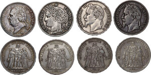 obverse: France. Lot of eight (8) coins: 5 Francs 1824 W, Lille, 5 francs 1851 A, Paris, 5 francs 1868 BB, Strasbourg (2), 5 francs 1873 A, Paris, 5 francs 1873 K, Bordeaux, 5 francs 1874 A, Paris, 5 francs 1875 A, Paris,