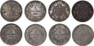 reverse: France. Lot of eight (8) coins: 5 Francs 1824 W, Lille, 5 francs 1851 A, Paris, 5 francs 1868 BB, Strasbourg (2), 5 francs 1873 A, Paris, 5 francs 1873 K, Bordeaux, 5 francs 1874 A, Paris, 5 francs 1875 A, Paris,