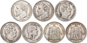 obverse: France. Lot of seven (7) 5 francs coins of different rulers: 1831, 1837, 1839, 1849, 1867, 1868, 1877