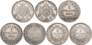 reverse: France. Lot of seven (7) 5 francs coins of different rulers: 1831, 1837, 1839, 1849, 1867, 1868, 1877