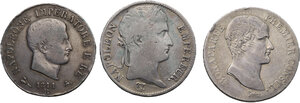 obverse: France.  Napoleon (1799-1814). Lot of three (3) coins: 5 lire 1811 Bologna, 5 francs 1812 Q, Perpignan mint, 5 francs AN XI A, Paris mint
