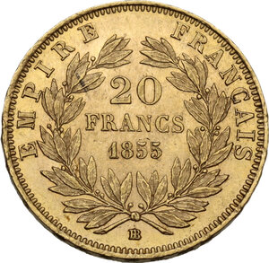 reverse: France.  Napoleon III (1852-1870). 20 francs 1855 BB, Strasbourg mint. Bee/Anchor