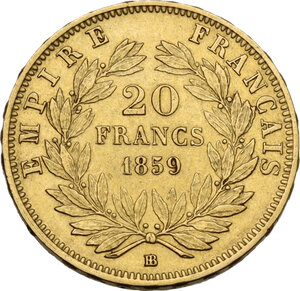 reverse: France.  Napoleon III (1852-1870). 20 francs 1859 BB, Strasbourg mint. Bee/Anchor