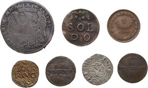 reverse: Lotto di sette (7) monete: Cremona inforziato, Firenze quattrino 1826, Modena lira 1738, Mantova quattrino, Roma quattrino 1854, Modena soldo, Firenze quattrino 1784