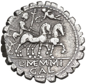 reverse: L. Memmius Galeria.. AR Denarius serratus, 106 BC