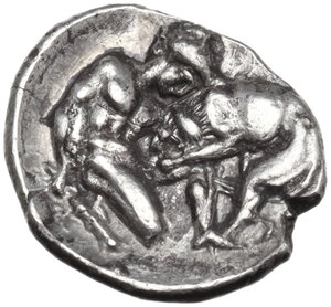 reverse: Southern Apulia, Tarentum. AR Diobol, c. 380-344 BC