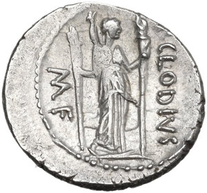 reverse: P. Clodius M.f. Turrinus.. AR Denarius, 42 BC