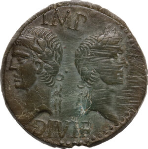obverse: Augustus (27 BC - 14 AD) with Agrippa.. AE As, Nemausus mint, c. 16 -10 BC