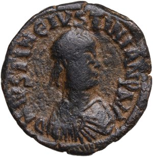 obverse: Justin I and Justinian I  (4 April-1 August 527). AE Follis. Constantinople mint, 4th officina