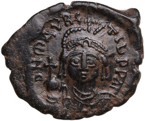 obverse: Maurice Tiberius (582-602).. AE Half Follis. Thessalonica mint. Dated RY 6 (587/88 AD)