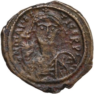 obverse: Maurice Tiberius (582-602).. AE Follis, Nicomedia mint, 1st officina. Dated RY 7 (588/9)
