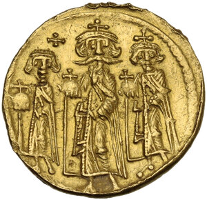 obverse: Heraclius, with Heraclius Constantine and Heraclonas (610-641).. AV Solidus. Constantinople mint, 1st officina. Dated IY 9 (AD 635/6)