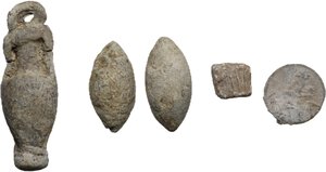 obverse: Leads from Ancient World.. Greek and Roman Italy. Multiple lot of five (5) lead objects: A Sardo-Punic lead weight with mark of value, a votive lead amphora, a Roman Tessera (Horse,TPA/Soldier, cf. Rostowzew 186) and two (2) lead sling shot bullets