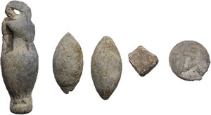 reverse: Leads from Ancient World.. Greek and Roman Italy. Multiple lot of five (5) lead objects: A Sardo-Punic lead weight with mark of value, a votive lead amphora, a Roman Tessera (Horse,TPA/Soldier, cf. Rostowzew 186) and two (2) lead sling shot bullets