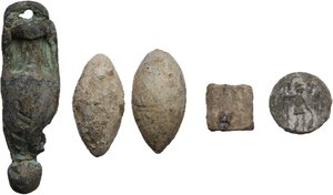 reverse: Leads from Ancient World.. Greek and Roman Italy. Multiple lot of five (5) lead objects: A Sardo-Punic lead weight with mark of value, a votive lead amphora, a Roman Tessera (Horse,TPA/Soldier, cf. Rostowzew 186) and two (2) lead sling shot bullets