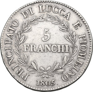 reverse: Lucca e Piombino.  Elisa Bonaparte e Felice Baciocchi (1805-1814).. 5 Franchi 1805