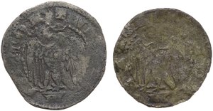 reverse: Pisa.  Repubblica a nome di Federico II (1313-1406). Lotto di due (2) monete da un quattrino con simbolo spada