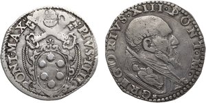 obverse: Roma.  Gregorio XIII (1572-1585), Ugo Boncompagni. Testone. In aggiunta la lotto, giulio di Pio IV