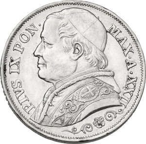 obverse: Roma.  Pio IX  (1846-1878), Giovanni Mastai Ferretti. 2 lire 1867 A. XXII