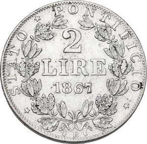 reverse: Roma.  Pio IX  (1846-1878), Giovanni Mastai Ferretti. 2 lire 1867 A. XXII