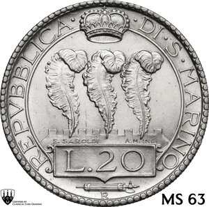 obverse: San Marino.  Vecchia Monetazione ( 1864-1938).. 20 Lire 1933